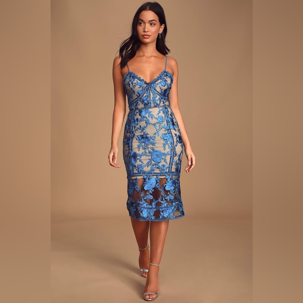 NWT Lulus Deeply Cherished Blue Lace Midi Dress